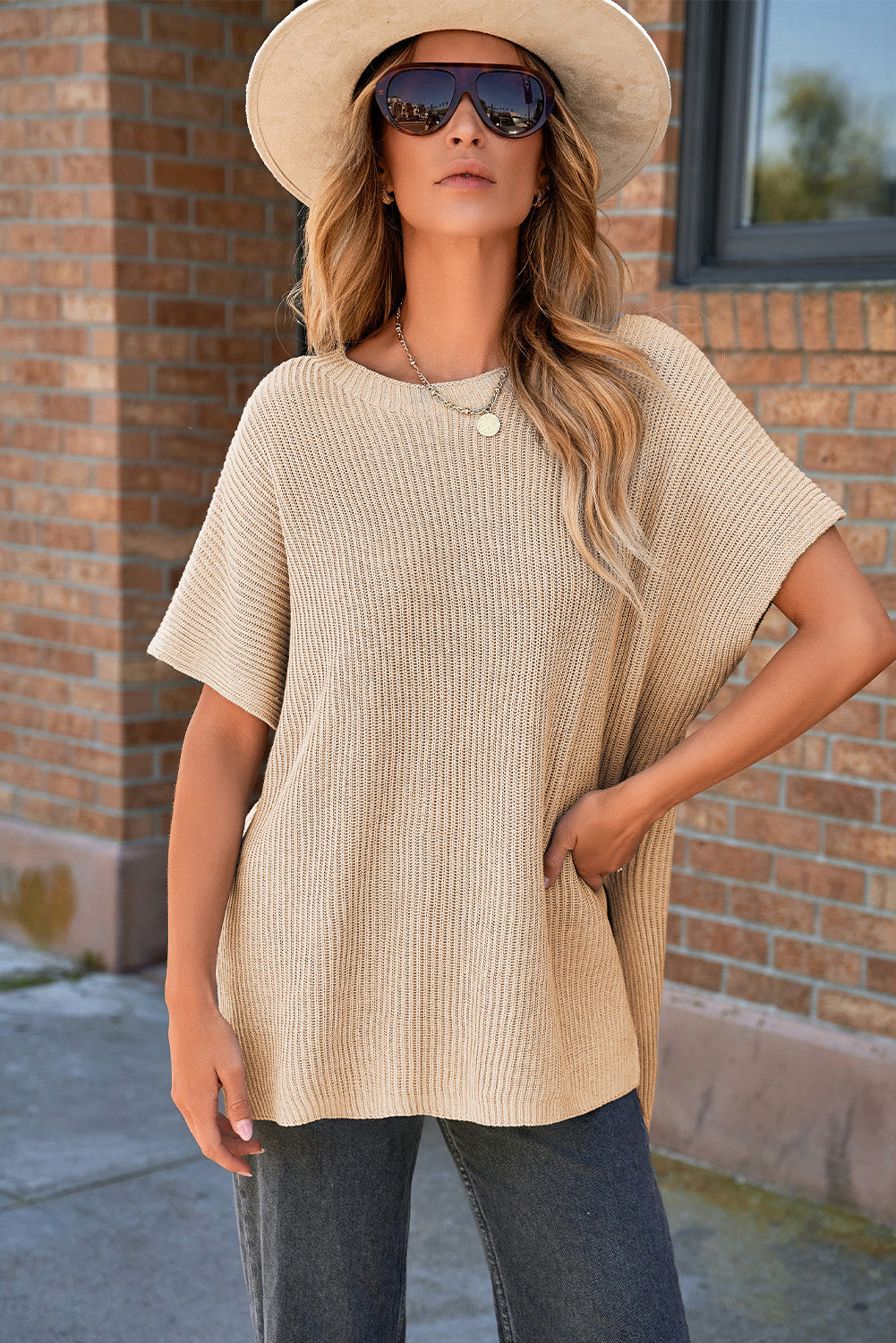 Solid Short Sleeve Side Slit Oversized Sweater