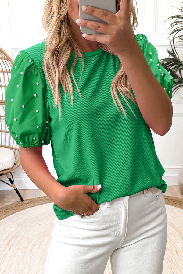 Ribbed Pearl Beaded Puff Sleeve Blouse