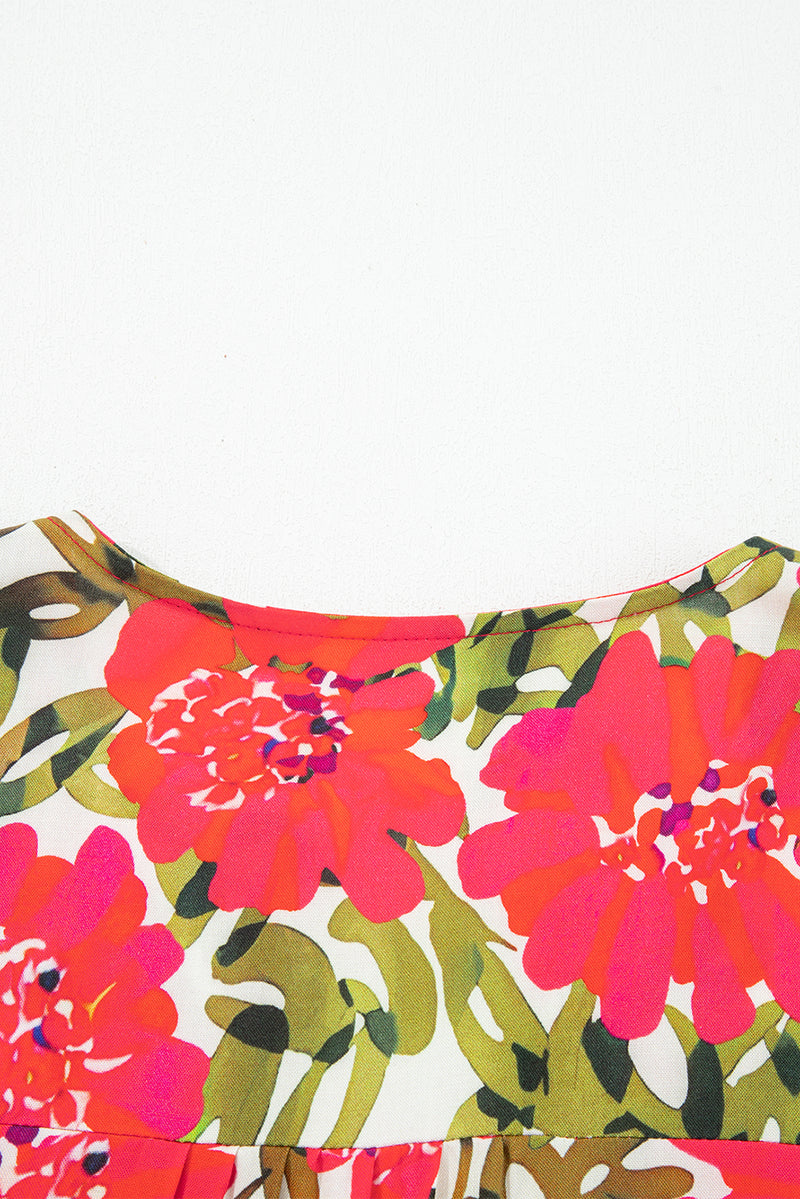 Floral Print Lace up V Neck Flounce Sleeve Blouse