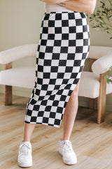 Checkered Print Side Slit High Waist Midi Skirt