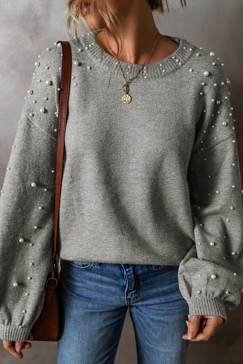 Solid Pearled Drop Shoulder Round Neck Sweater