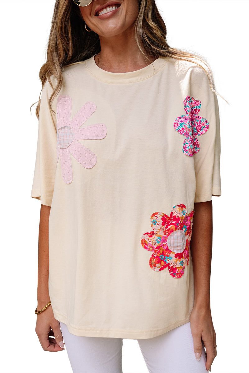Flower Patched Exposed Stitching Trim Crew Neck Loose Tee