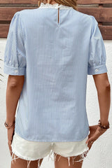 Stripe Floral Lace Splicing Puff Sleeve Blouse