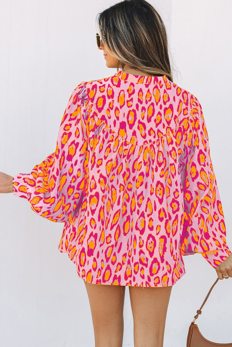 French Oversized Leopard Print Balloon Sleeve Casual Shirt