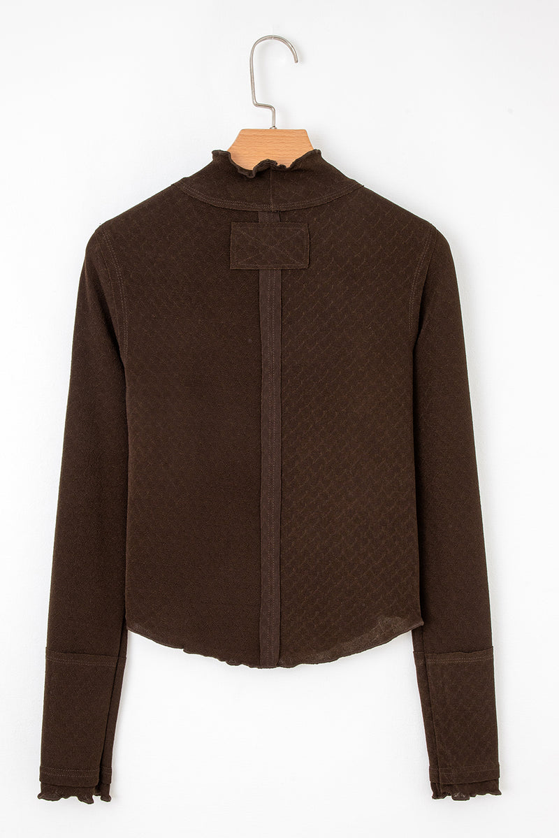 Brown Lettuce Trim Raw Seam Patchwork Jacquard Long Sleeve Top