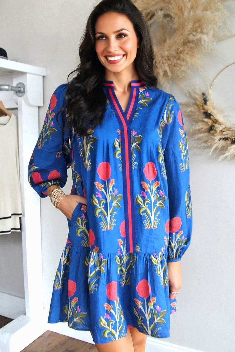 Floral Print Contrast Striped Trim Notched Neck Long Sleeve Dress