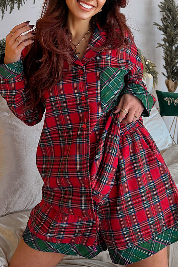 Plaid Contrast Patched Christmas Holiday Long Sleeve Shirt and Short 2pcs Pajama Set