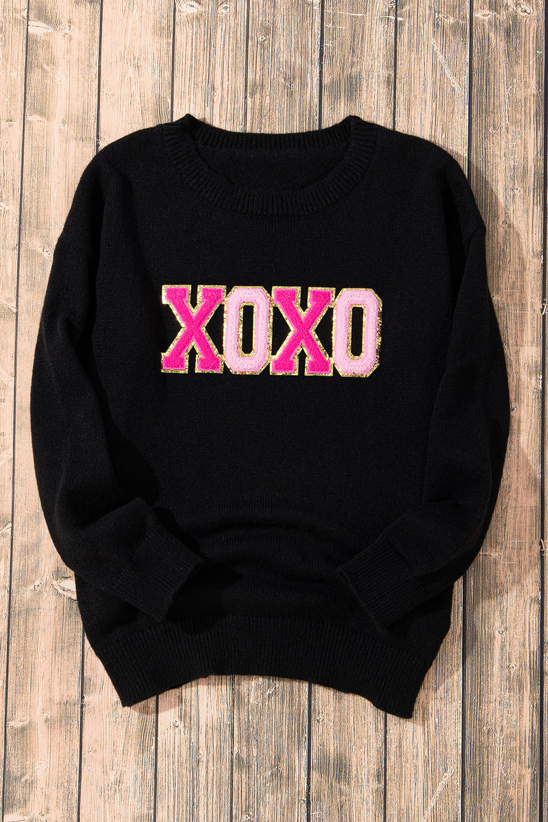 Solid XOXO Glitter Print Round Neck Casual Sweater