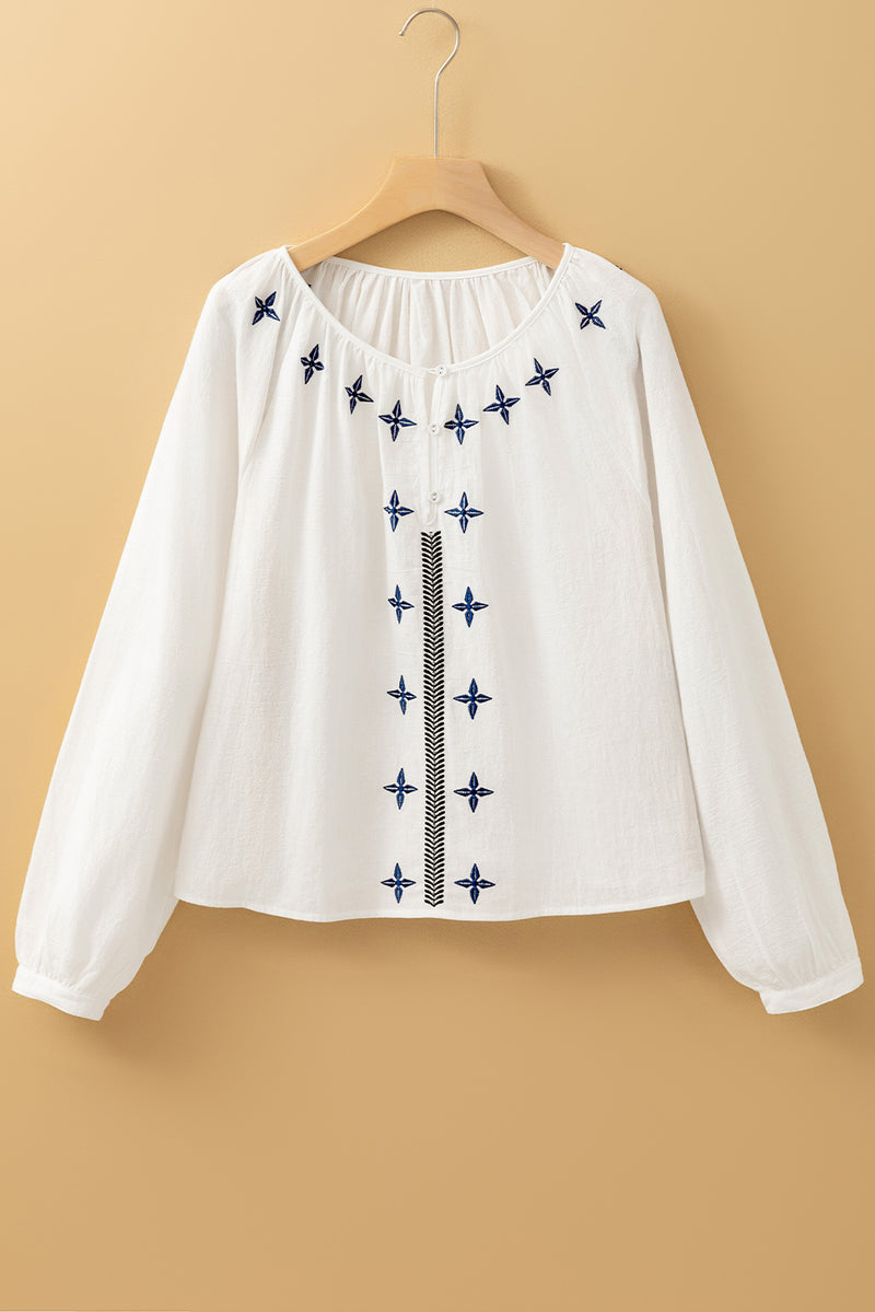 Geometric Embroidered Long Sleeve Buttoned Blouse