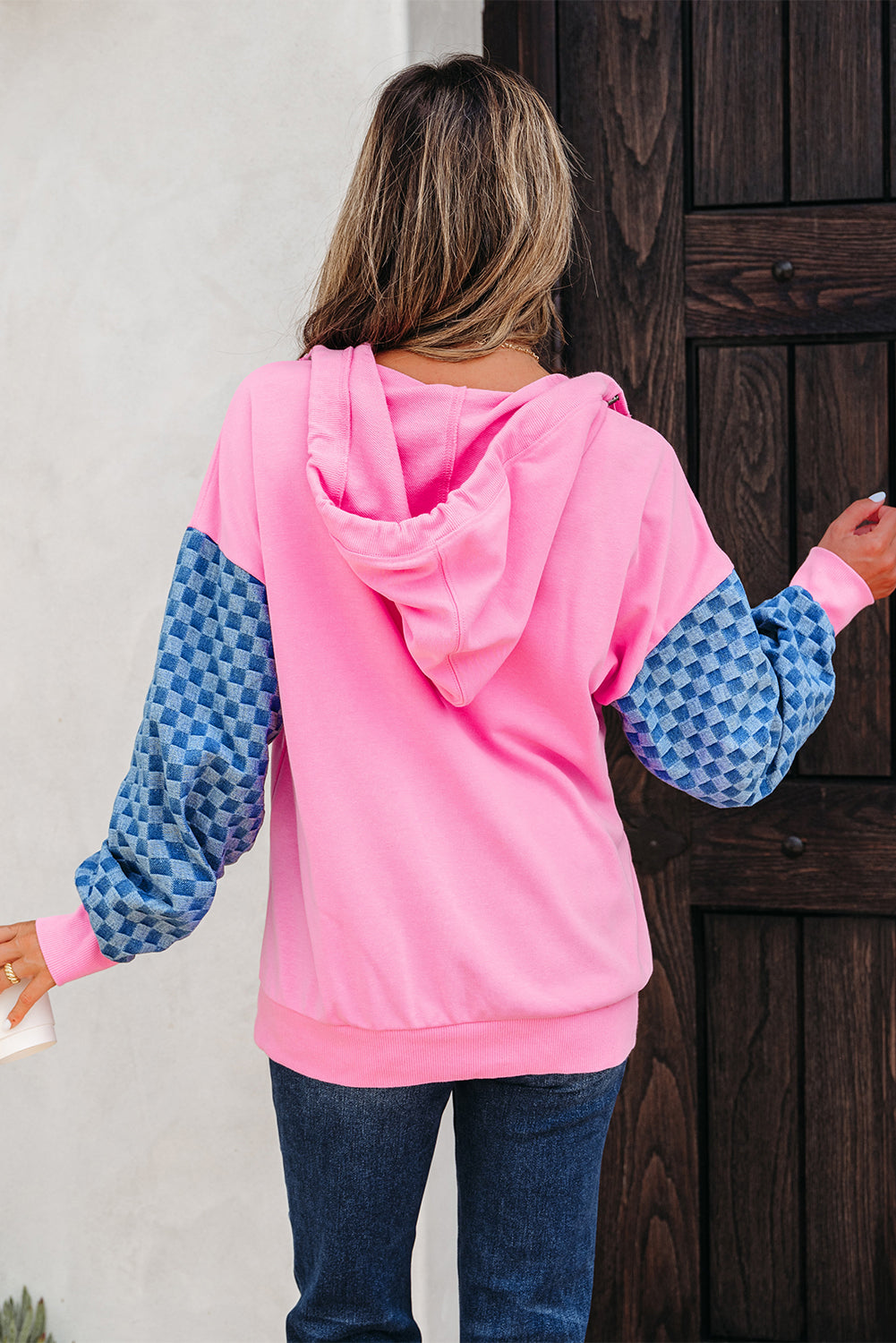 Checkered Patchwork Kangaroo Pocket Half Zipper Hoodie