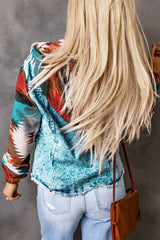 Multicolored Trucker Aztec Print Frayed Hem Denim Jacket