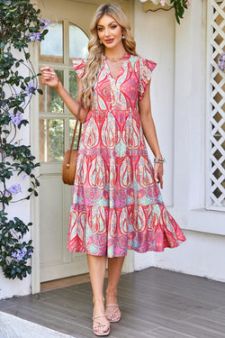 Tribal Paisley Print Ruffled Sleeve Notch Neck Midi Dress