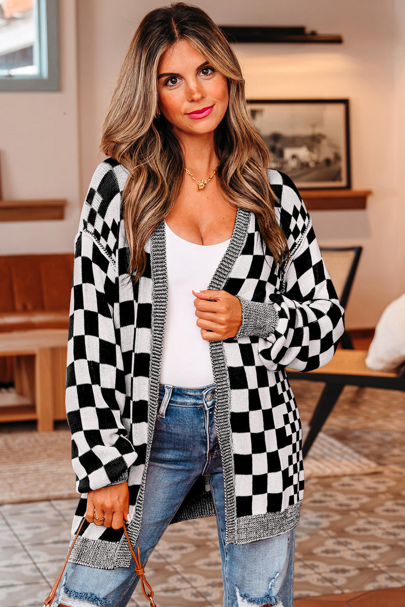 Checkered Open Front Drop Shoulder Cardigan
