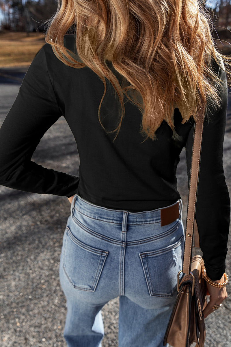 Solid Long Sleeve Buttons V Neck Slim Fit Top
