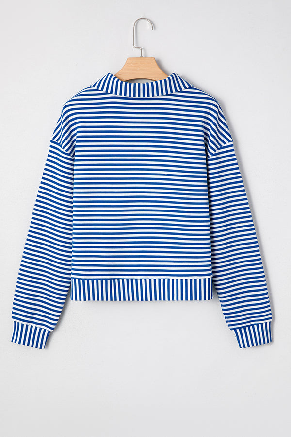 Stripe Quarter Zip Collar Pullover Long Sleeve Top