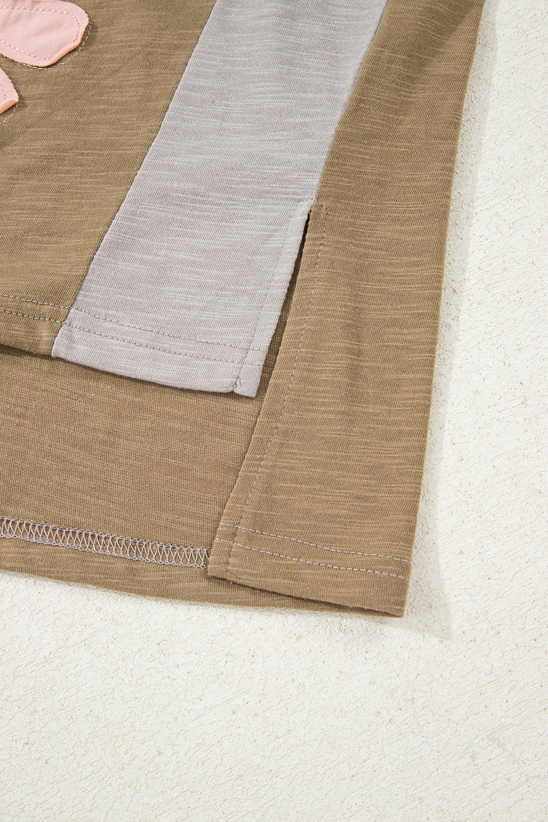 Flower Patched Exposed Seam Bracelet Sleeve Oversized T Shirt