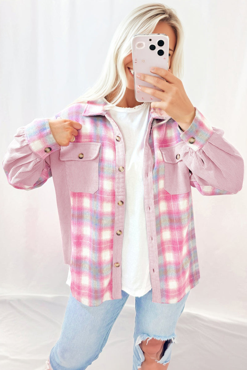 Brushed Plaid Corduroy Flap Pockets Patchwork Shacket