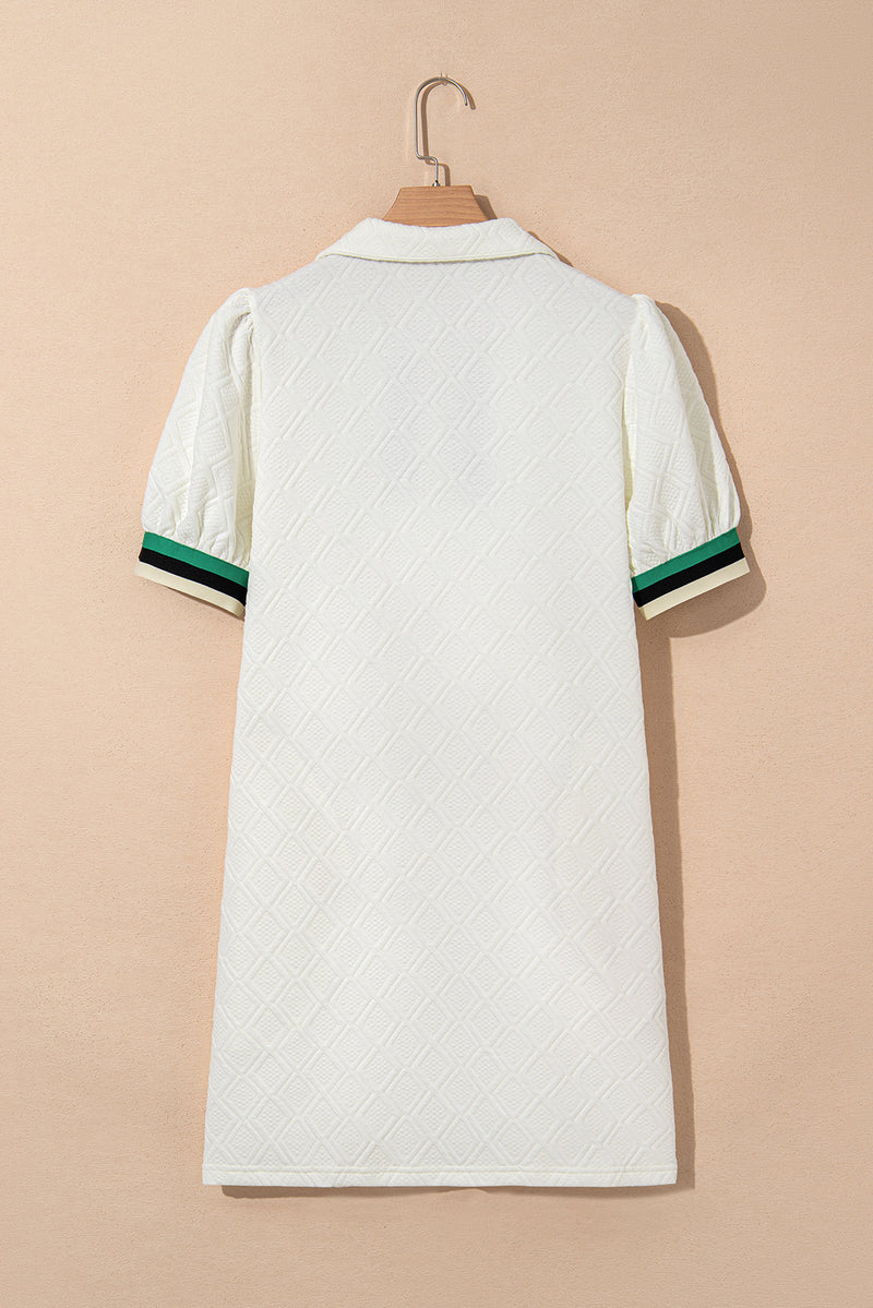 Textured Jacquard Colorblock Edge Puff Sleeve Quarter Zip Mini Dress