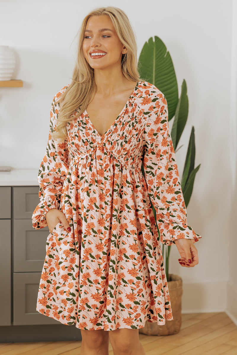 Floral Deep V Neck Smocked Bust Bubble Sleeve Babydoll Dress
