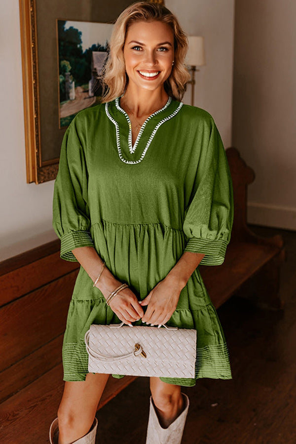 Contrast Stitched V Neck 3/4 Sleeve Tiered Mini Dress