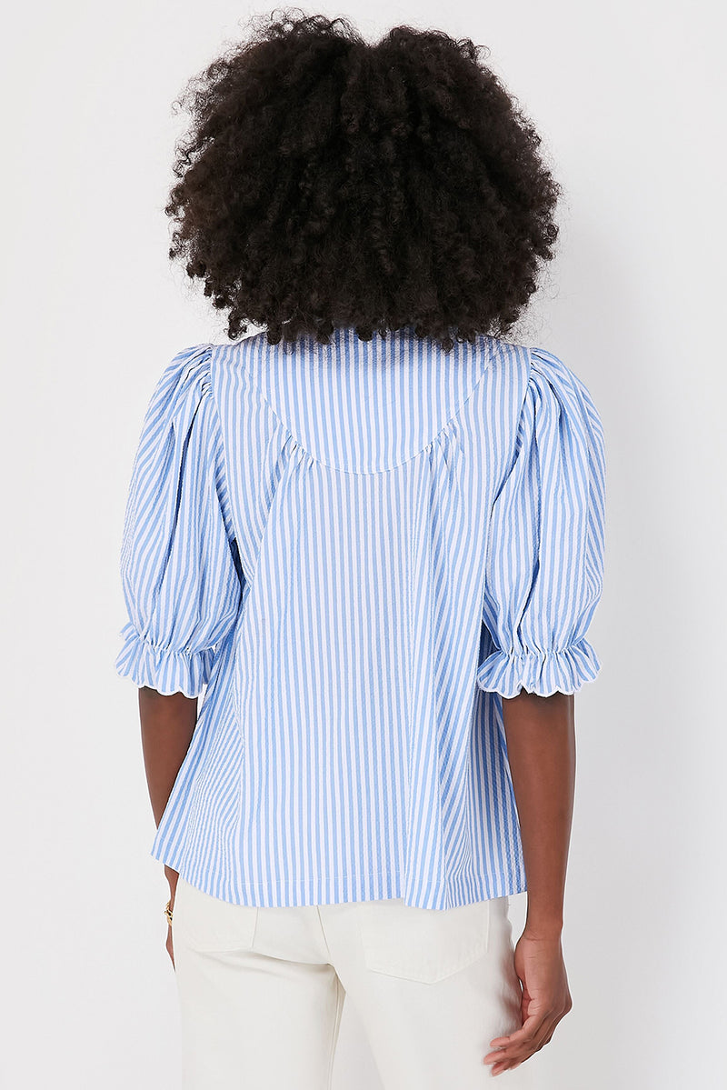 Stripe Ruffled Collar Puff Sleeve Half Buttons Blouse