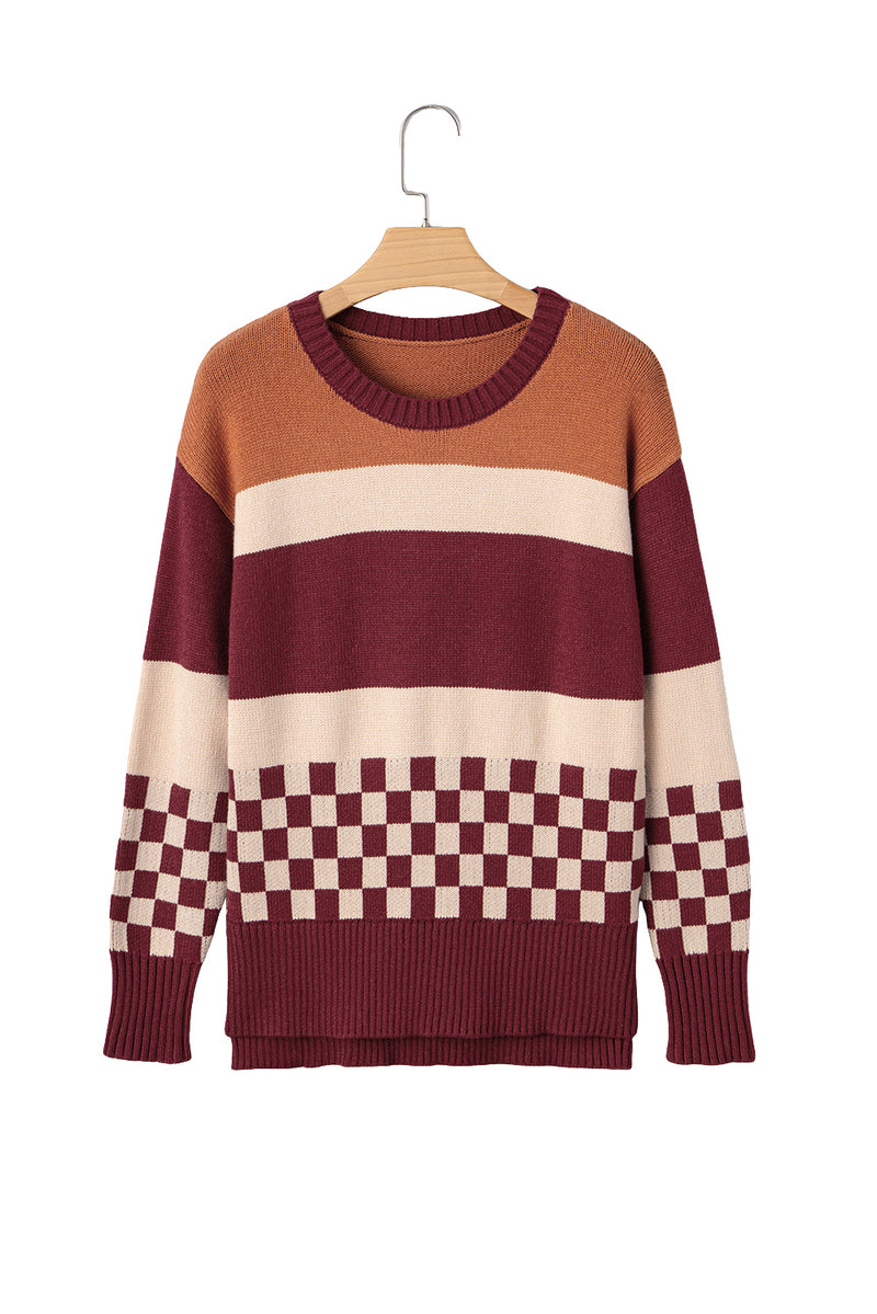 Checkered Color Block Knitted Drop Shoulder Sweater