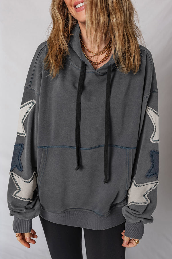 Star Patchwork Contrast Stitching Mineral Wash Kangaroo Pocket Vintage Hoodie
