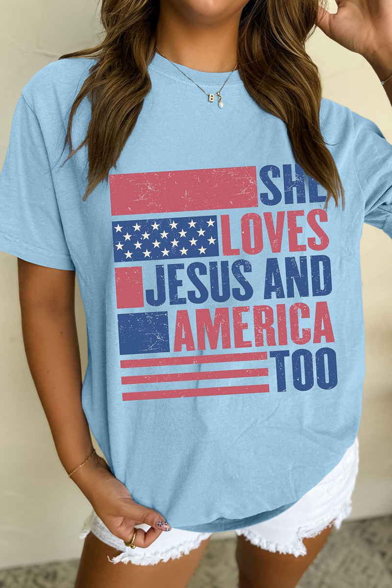 SHE LOVES JESUS AND AMERICA TOO Flag Graphic T Shirt