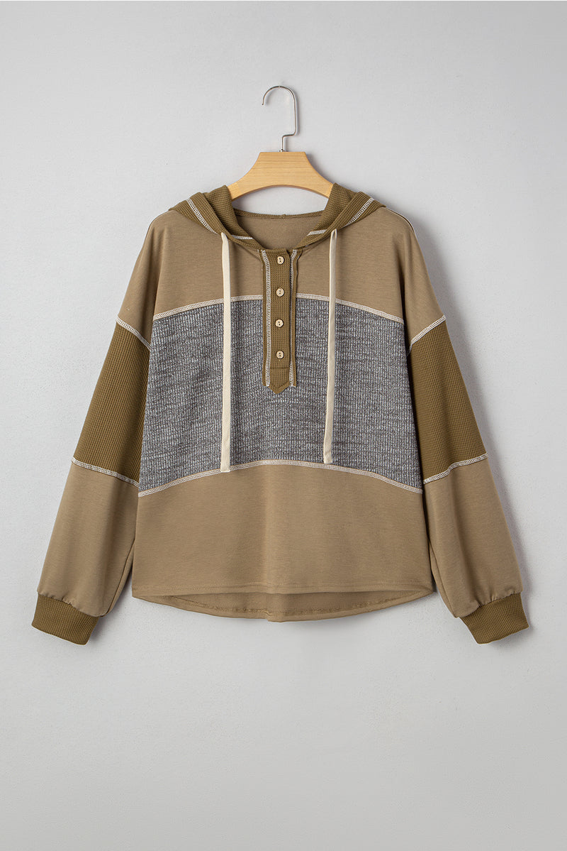 Mixed Texture Patchwork Exposed Seam Half Button Pullover Hooded Sweatshirt