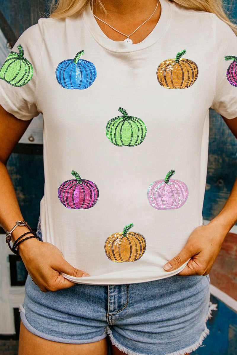 Sequin Pumpkin Patched Cotton Blend T Shirt
