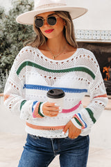 Color Block Striped Pointelle Knit Sweater