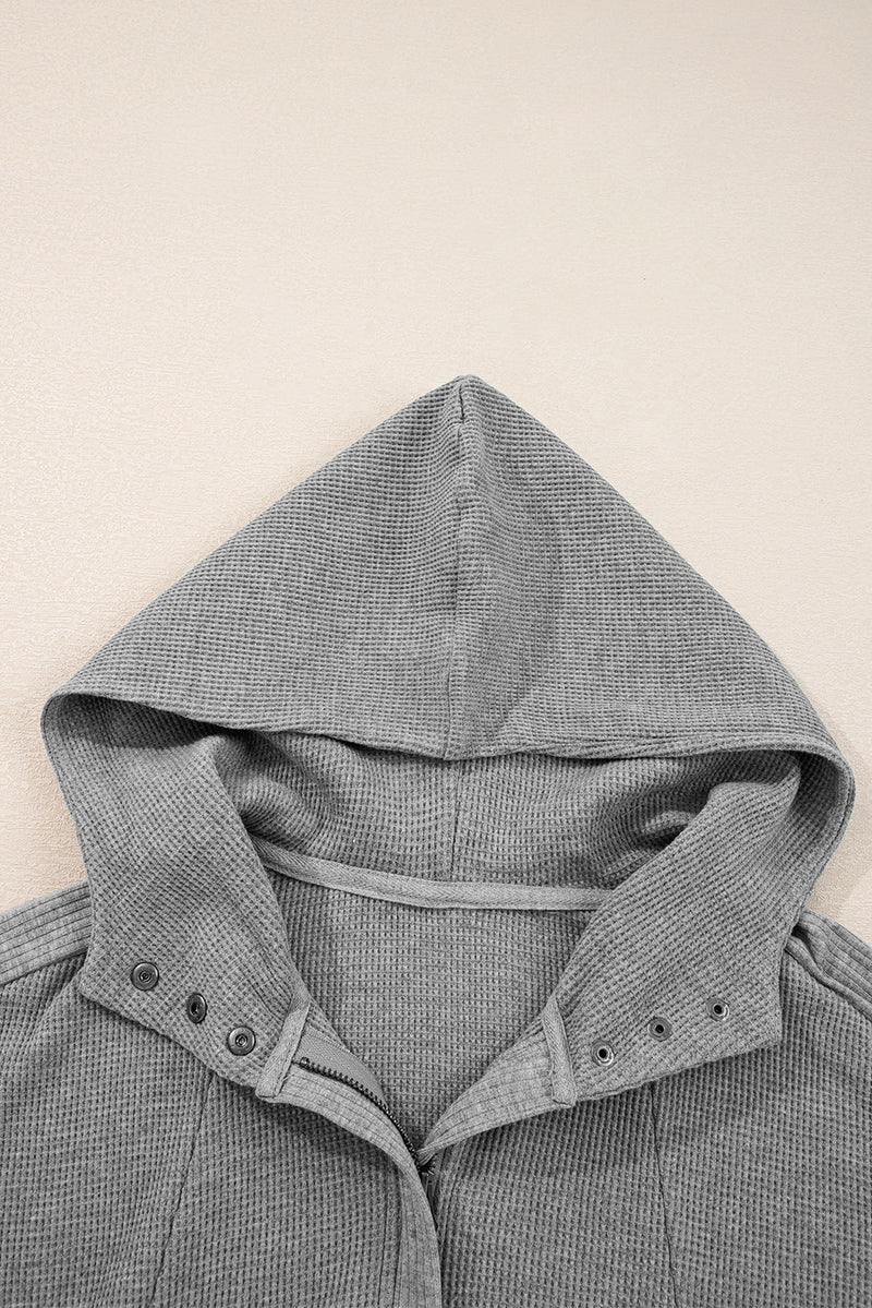 Waffle Splicing Zip Up Front Button Hooded Jacket