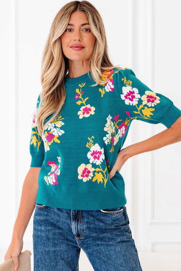 Teal Flower Pattern Mock Neck Short Sleeve Knitted T Shirt