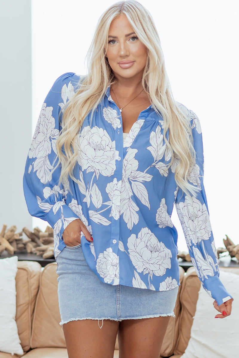 Floral Print Button Up Pleated Detail Puff Sleeve Shirt