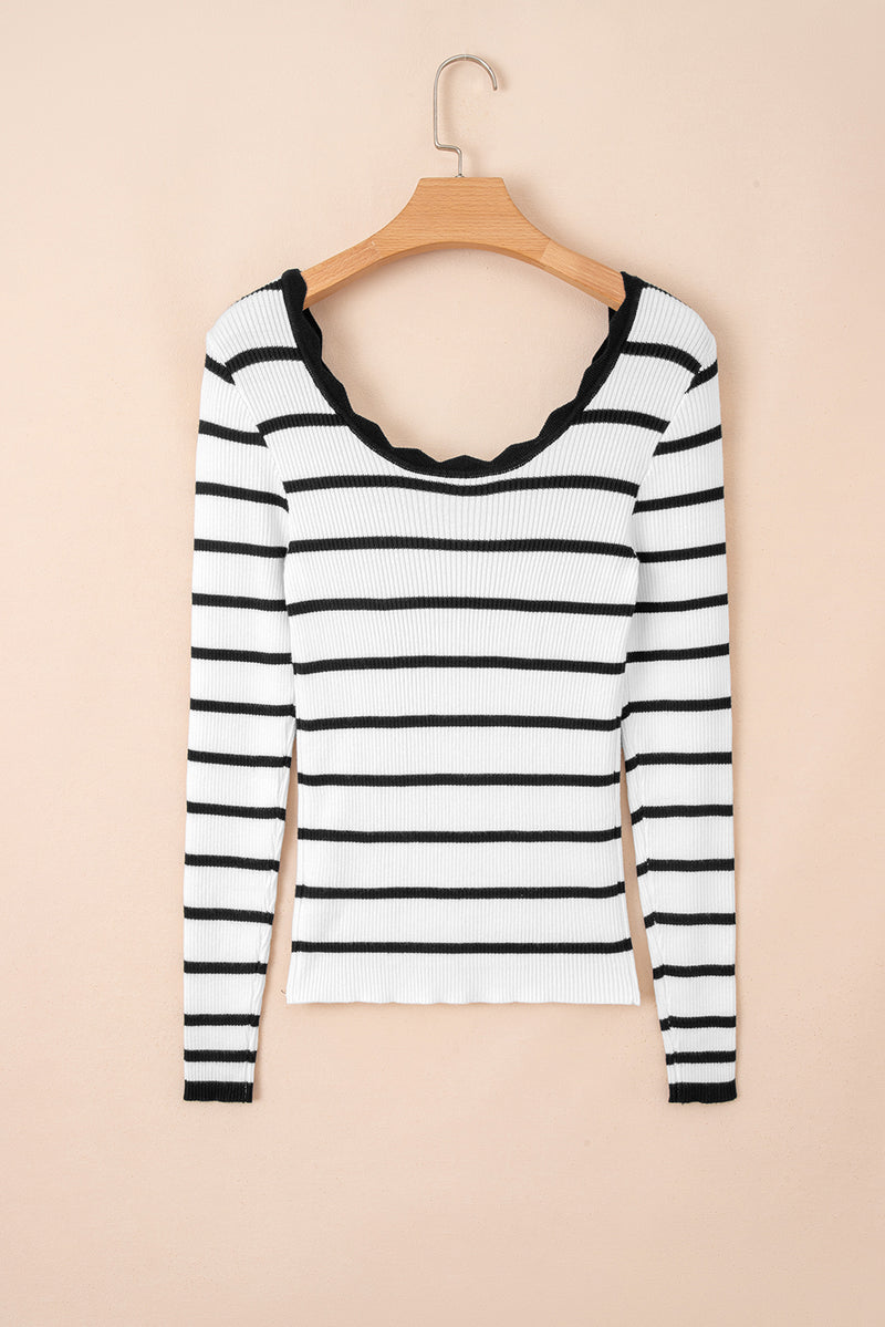 Scalloped Trim U Neck Striped Ribbed Slim Sweater