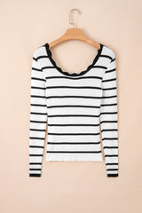 Black white Scalloped Trim U Neck Striped Ribbed Slim Sweater