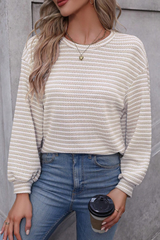 Solid Stripe Round Neck Drop Shoulder Long Sleeve Top