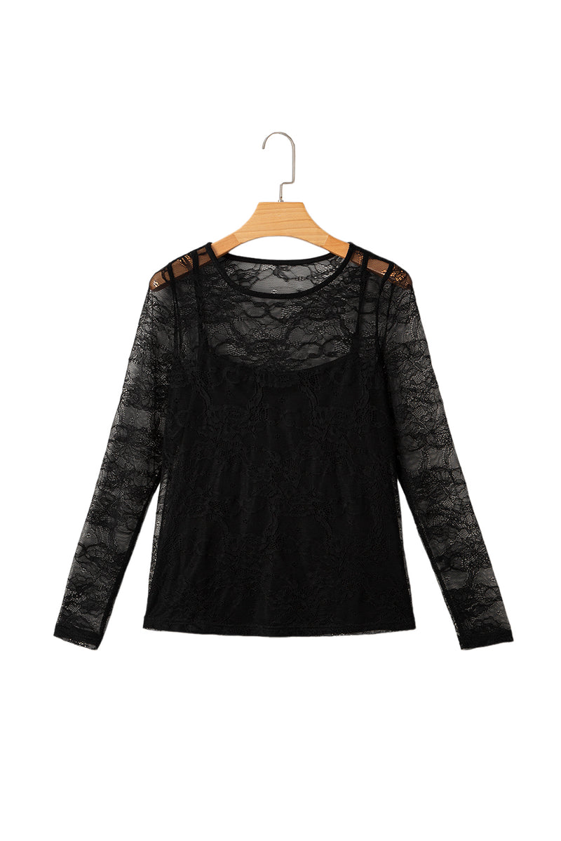 Lace Crochet Mesh Patched Slim Fit Long Sleeve Top