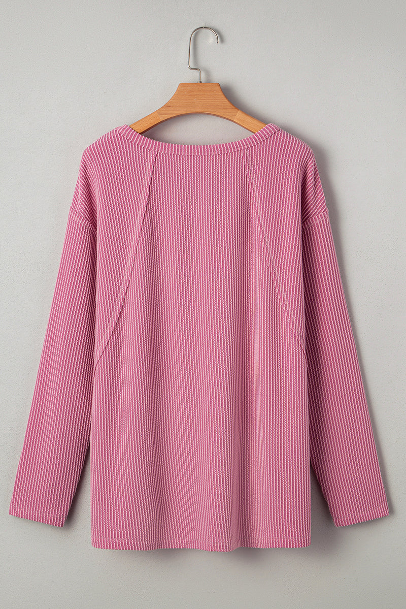 Twisted Rib Texture Exposed Seam Patchwork Loose Long Sleeve Top
