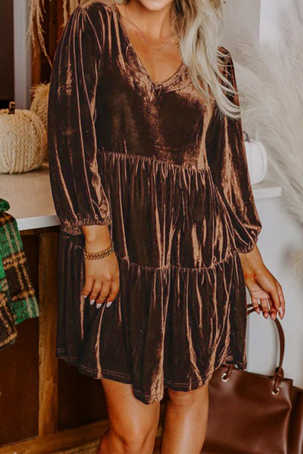 Solid Color Velvet V Neck Long Sleeve Tiered Mini Dress