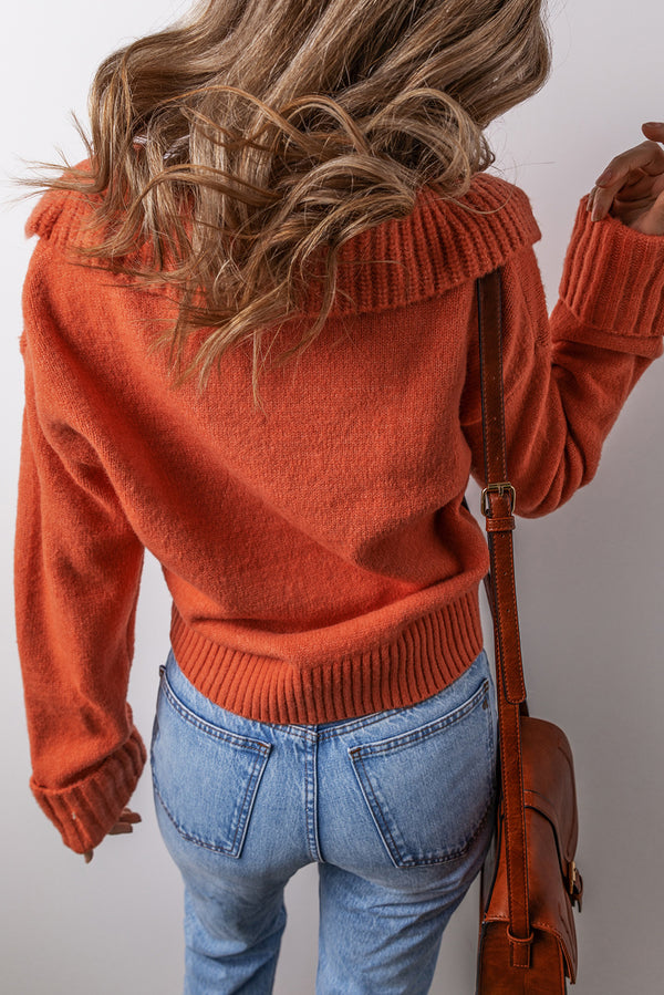 Orange Collared V Neck Ribbed Edge Sexy Elegant Sweater