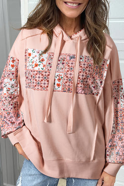 Mix Floral Patchwork Side Slit Drawstring Hoodie
