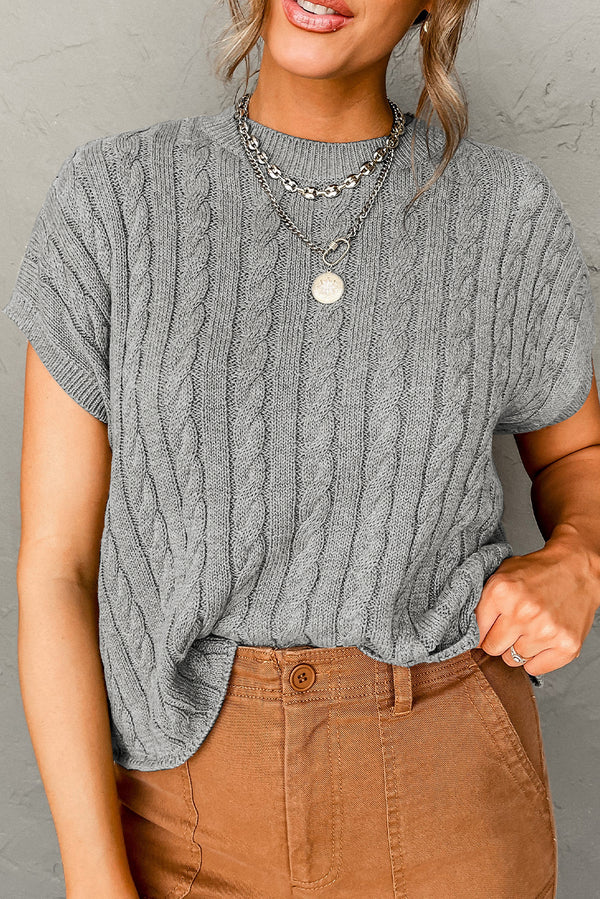 Solid Crew Neck Cable Knit Short Sleeve Sweater
