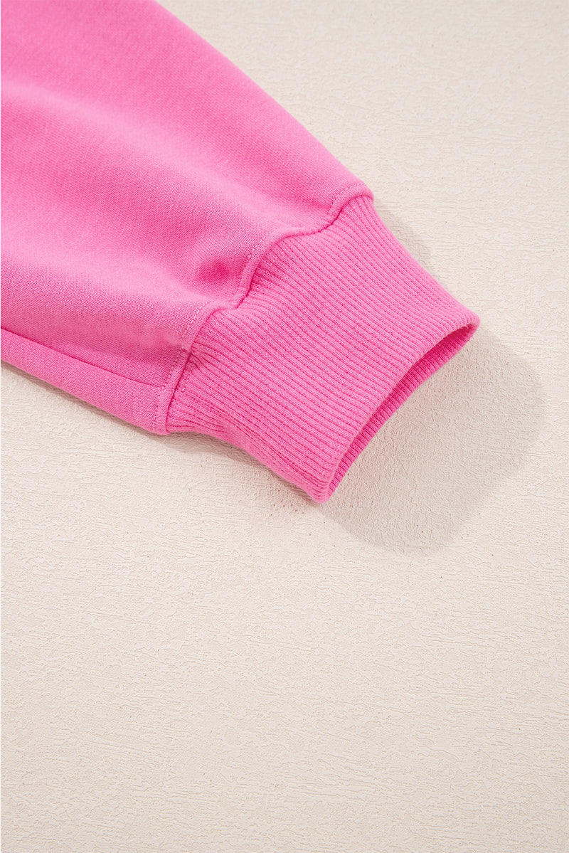 Bright Pink Solid Color Collared Pullover and Central Seam Pants Set