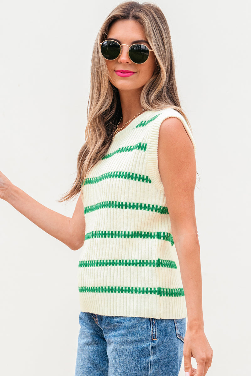 Bright Green Striped Round Neck Casual Sweater Vest
