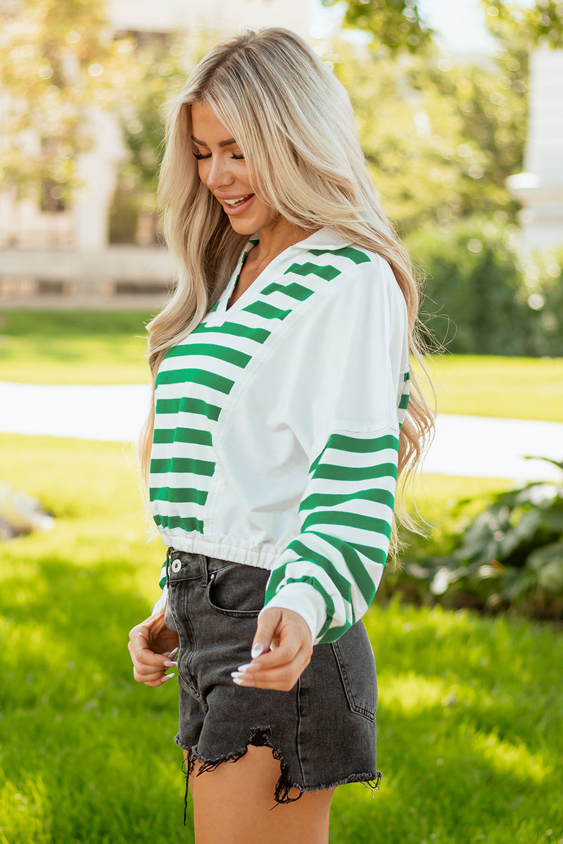 Stripe Colorblock Collared V Neck Cropped Knit Pullover