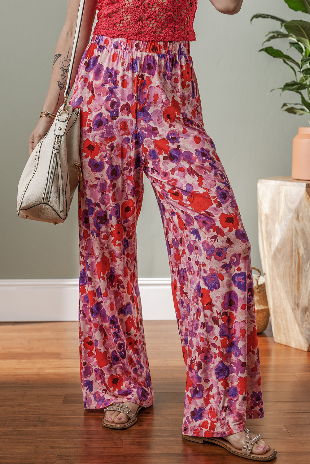 Floral Wide Leg Elastic High Waist Pants