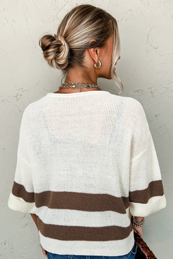 Striped Accent Notched V Neck Cropped Sweater T Shirt