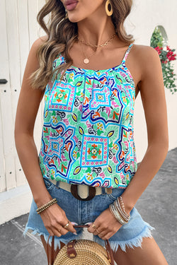 Rhinestone Boho Floral Printed Spaghetti Strap Tank Top