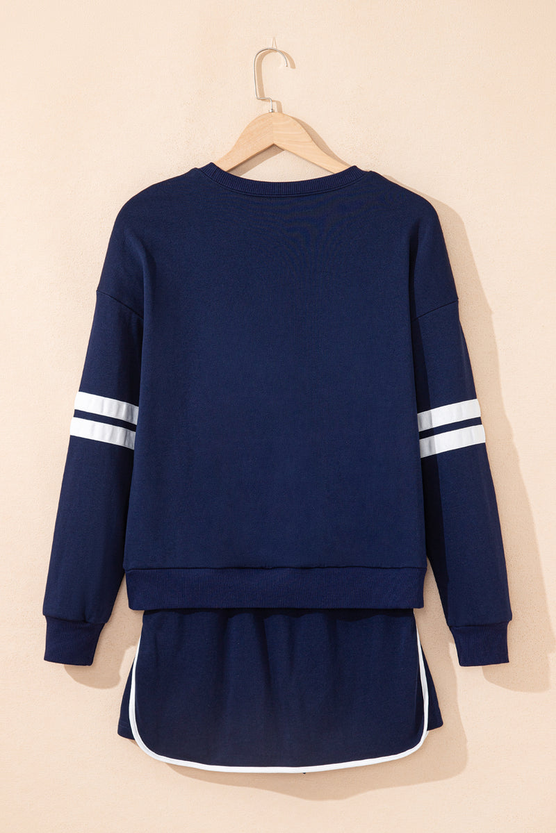 Varsity Stripe Detail Drop Shoulder Pullover Mini Skirt Set